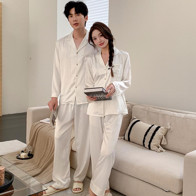 2025 Ice Silk Couples Pajama Set - Thin, Solid Color, Long Sleeve & Pants, Versatile Indoor/Outdoor Wear