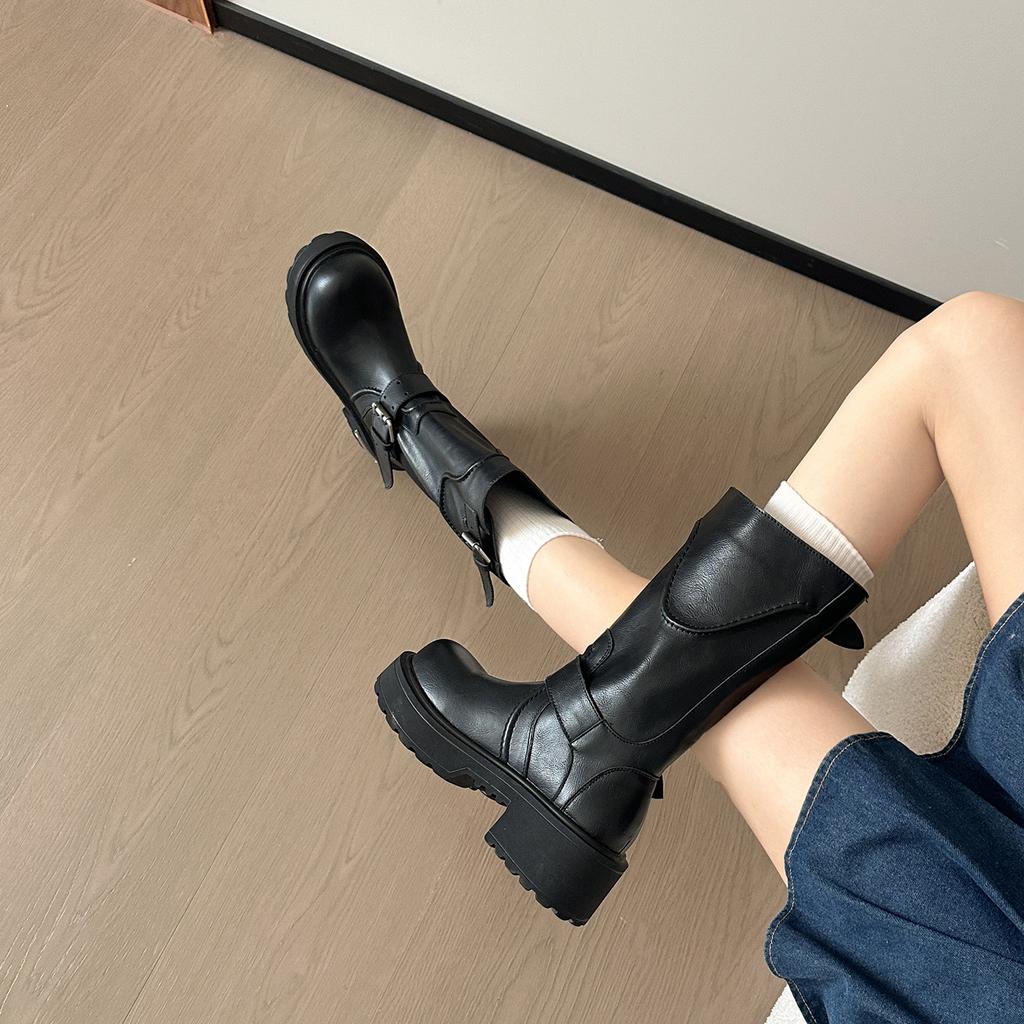 Cowhide Version~ Thick-soled Retro Old Medium Boots Women's British Style Belt Tooling Shoes Sleeve Knight Boots Locomotive Boots