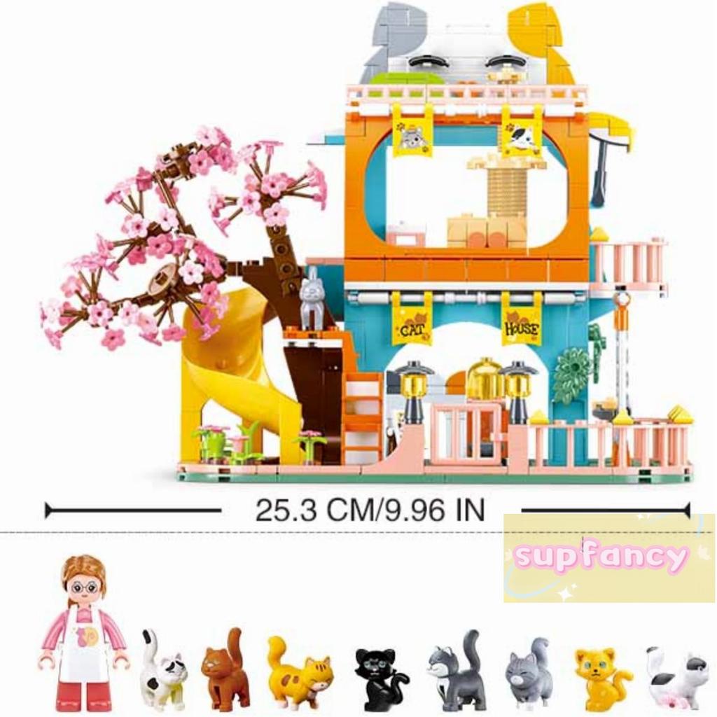 Sluban Girls Construction Blocks Cat Hotel Sakura Tree Villa Cute Pet House Educational Diy Construction Plaything For Kids Birthday Present