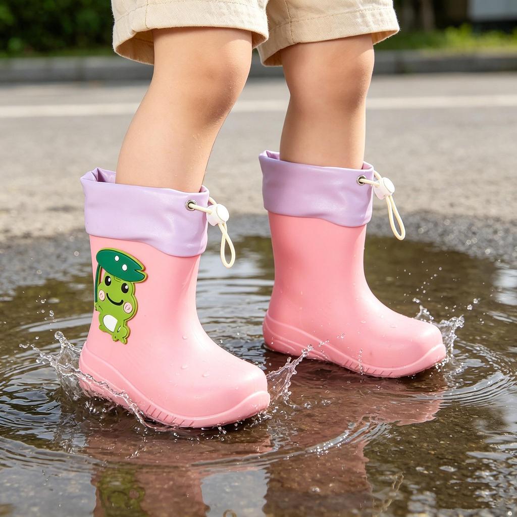 Unisex Kids Non-Slip Waterproof Frog Pattern Rain Boots with Drawstring