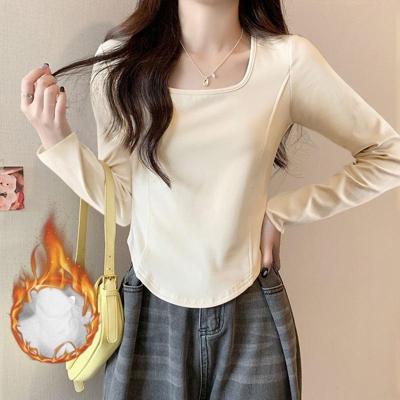 Women's Long Sleeve T-Shirt with Right Shoulder Fishbone Waist Slim Fit Square Neckline and Curved Hem Design Base Layer Top for Autumn and Winter