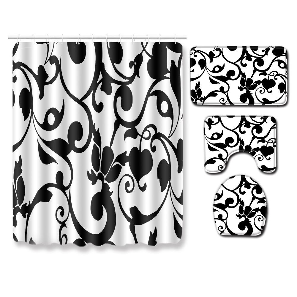 Retro Geometric Bathroom Four-Piece Waterproof Shower Curtain Bedroom Non-Slip Carpet Floor Mat Door Mat