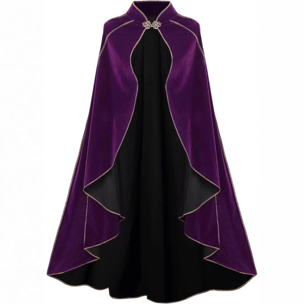 Women Medieval Cloak Stand Collar Deluxe Velvet Gold Trim Cape For Adult Christmas Halloween Paty