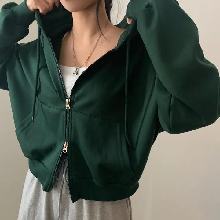 

Осенний новый американский стиль универсальный капюшон с двойной застежкой-молнией свободный повседневный длинный рукав короткая толстовка с капюшоном верхняя одежда L зелёный