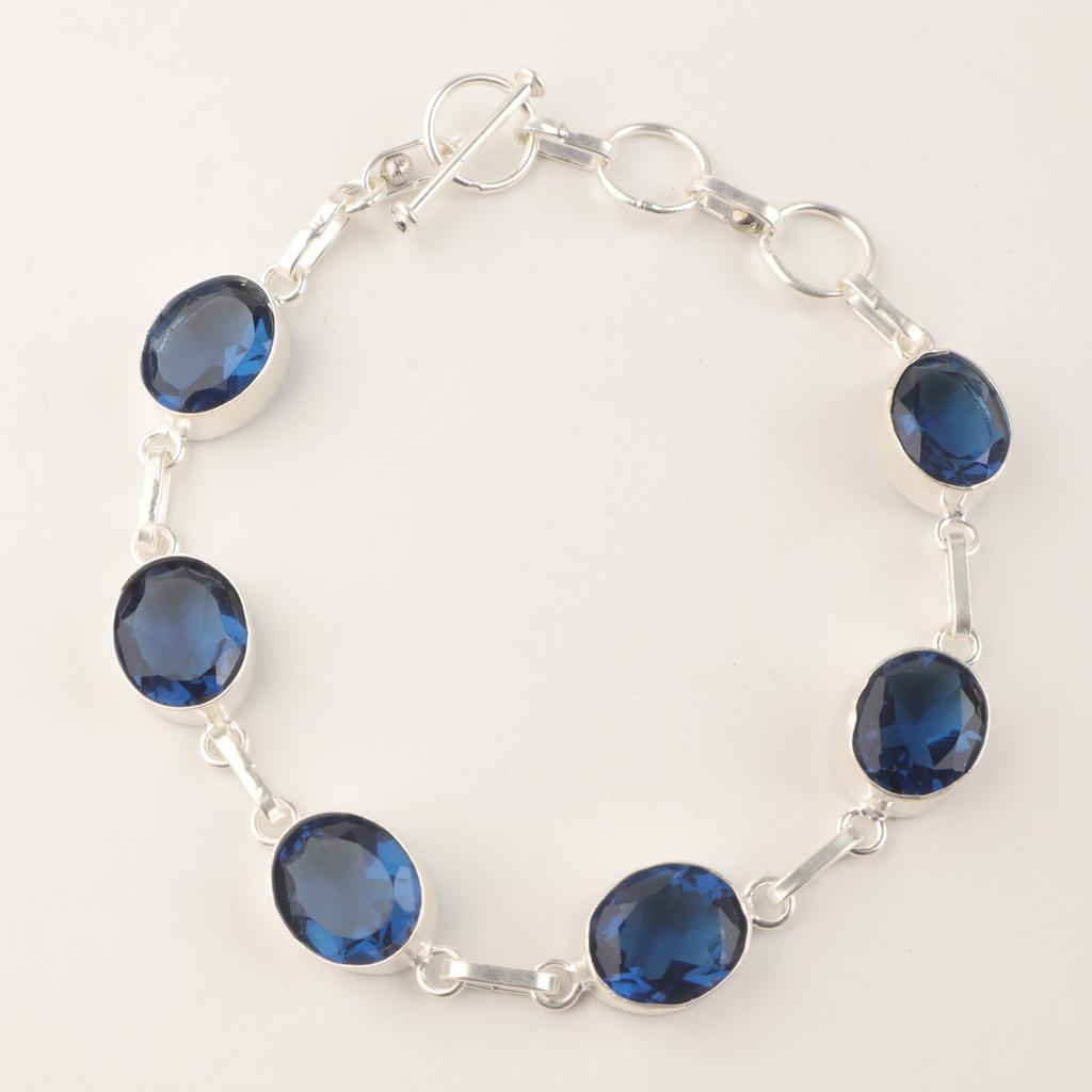 London Blue Topaz Gemstone 925 Sterling Silver Handmade Bracelet 9" Jewelry Gift RB-5-13