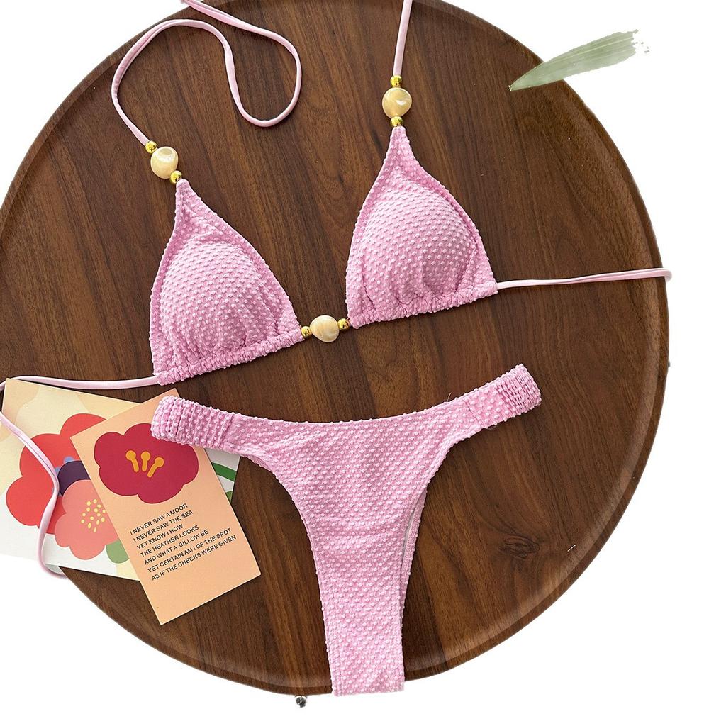 2026 European and American New Sexy Solid Color Neck Wearing Beads Beach Women Split Bikini Bikini Swimsuit