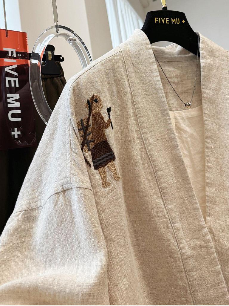 Herbstkollektion 2025: Exquisite bestickte V-Ausschnitt Retro Baumwollleinenjacke für Damen