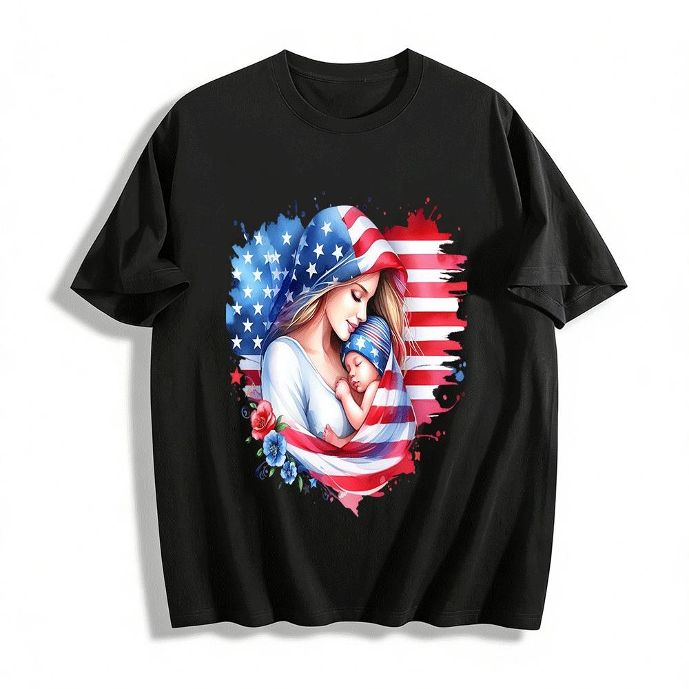 American Flag Mother And Baby Print Casual T-Shirt Pure cotton T-shirt XXS