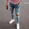 Men's Jeans Trendy Knee Breaks Zipper Calf Pants Torn Mens Denim Trousers