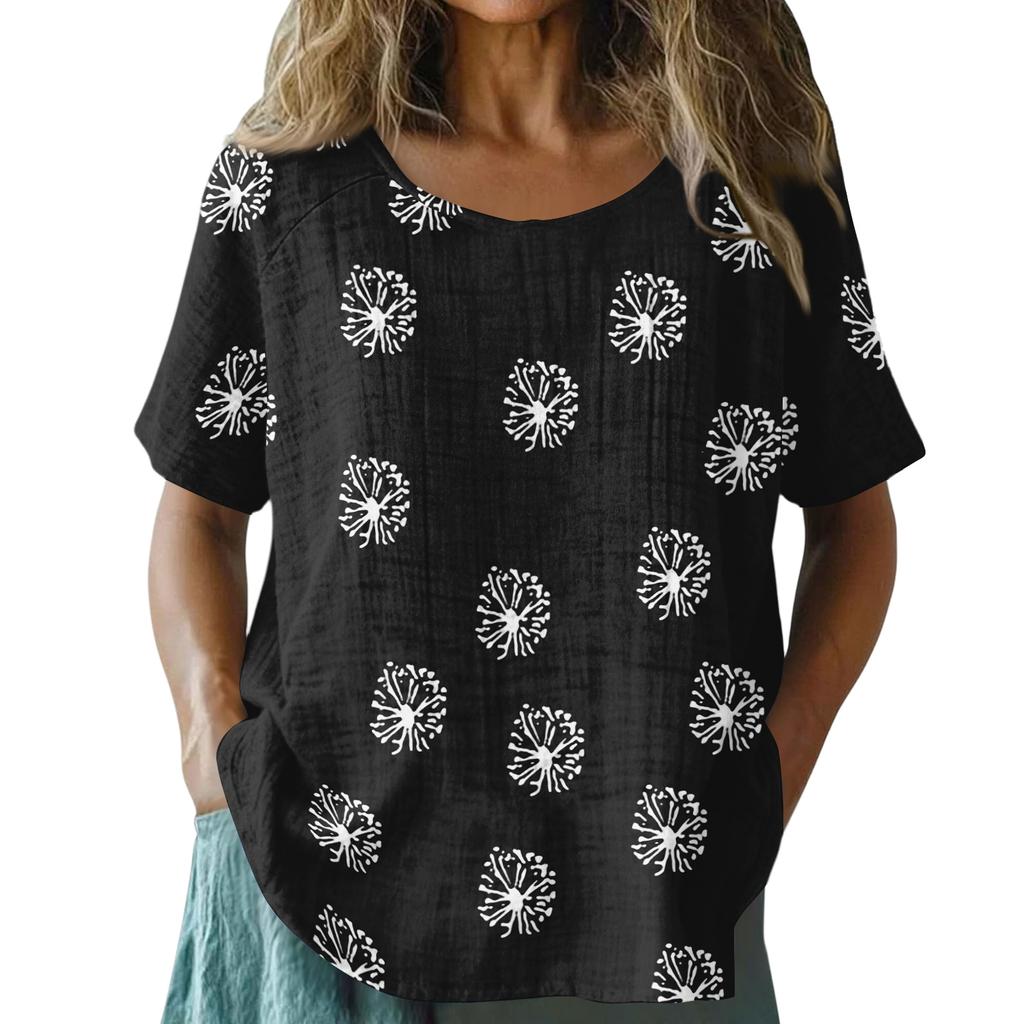 Women's Vintage Print Short Sleeve Top - Round Neck, Cotton Linen Fabric