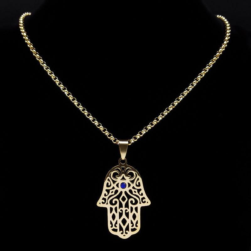 Vintage Arabic Hamsa Hand Pendant Necklace Stainless Steel Chain Hand of Fatima Choker Amulet Necklaces Islam Woman Jewelry Gift