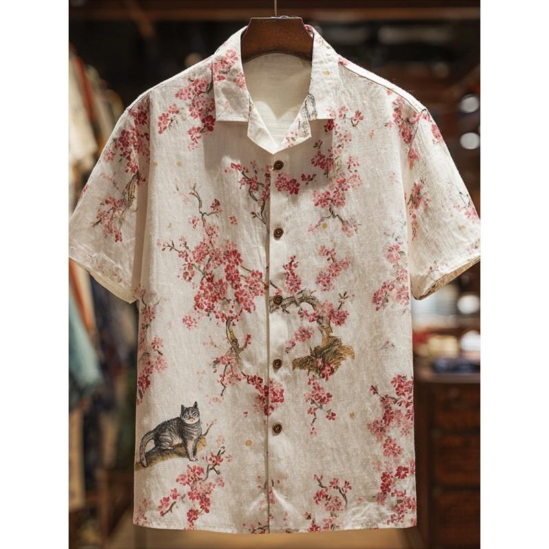 Men's Linen Short Sleeve Shirt Floral Printed Bird Butterfly Chinese Style Men's Fashion Clothing Flap Collar Shirt
