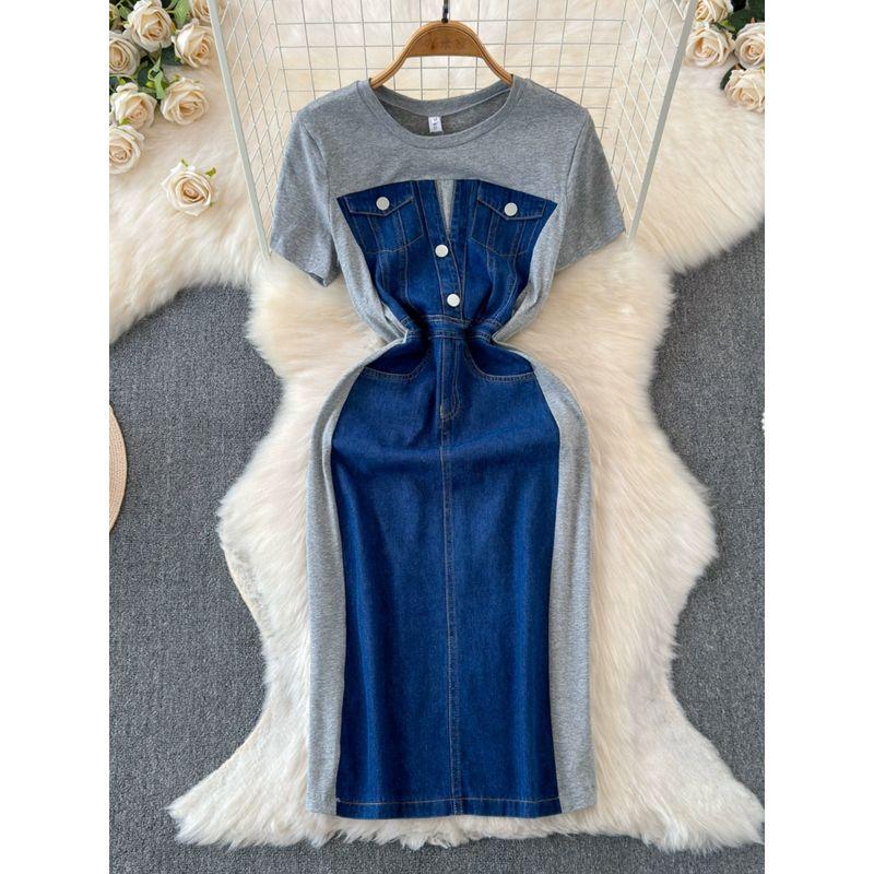 Internet Celebrity Niche Style Patchwork Denim Dress round Neck Short Sleeve