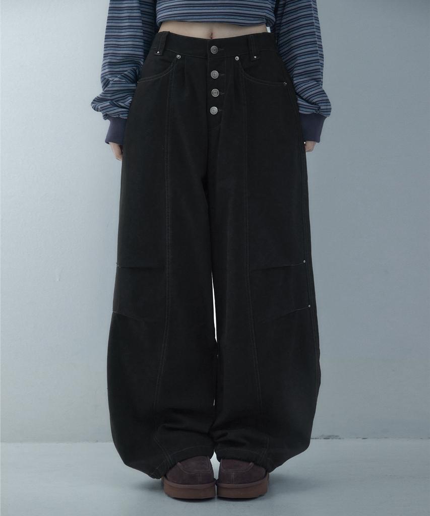 LOOXP Four-Button Logo Rivet Wide Balloon Long Pants Black
