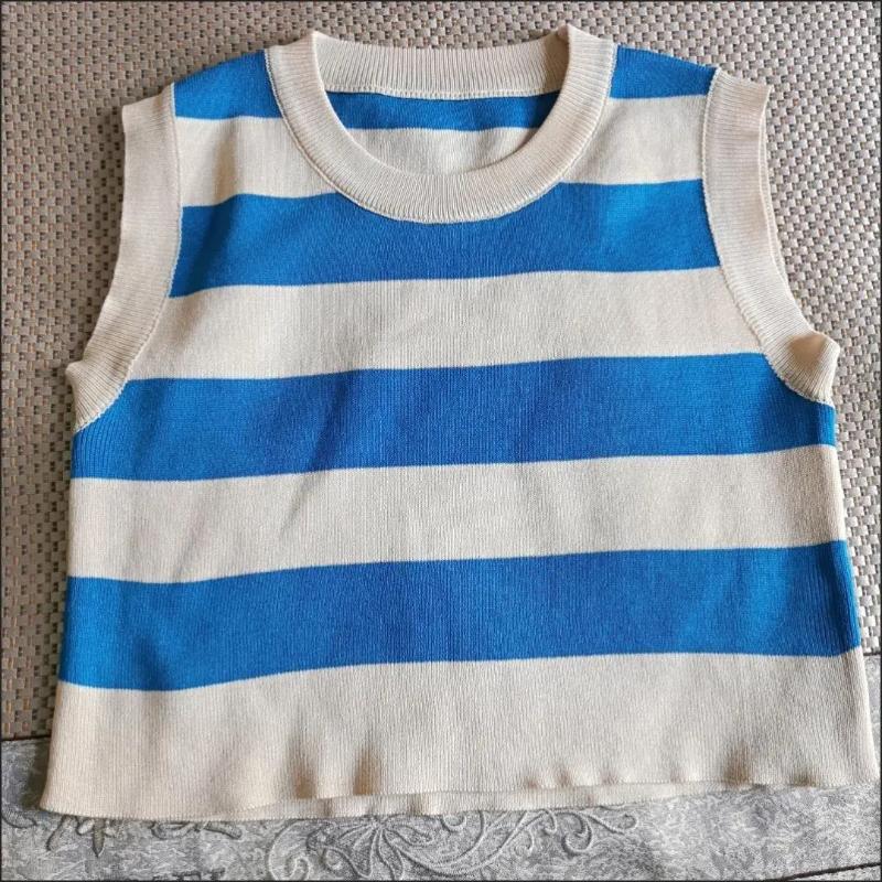 Sexy ribbestrikket tanktopp for kvinner Sommerstriper o-hals Ermeløse beskjæringsoverdeler Street Vintage koreansk moteskjortevest Y2K-klær