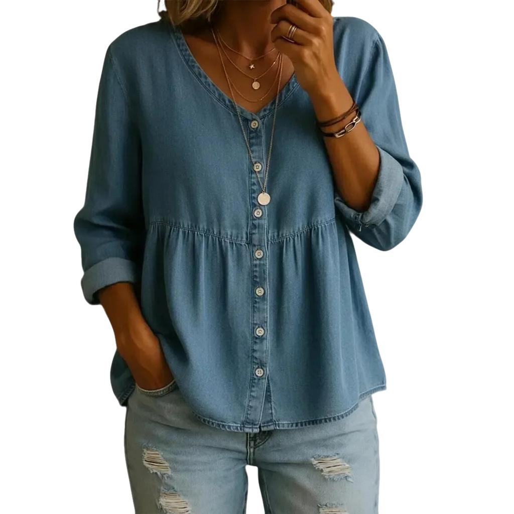 Women’s Loose Fit Denim Button Down Blouse Long Sleeve Casual Peplum Top with V Neck and Front Pocket Design