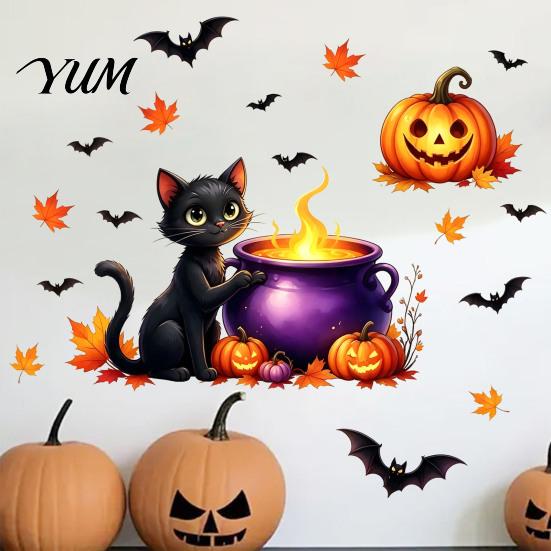Safe Adhesive Autumn Scenery for Nursery Cute Halloween Wall Decals, Black Cat Witch Bat Pumpkin Stickers, Fall Removable Layered Three Dimensional