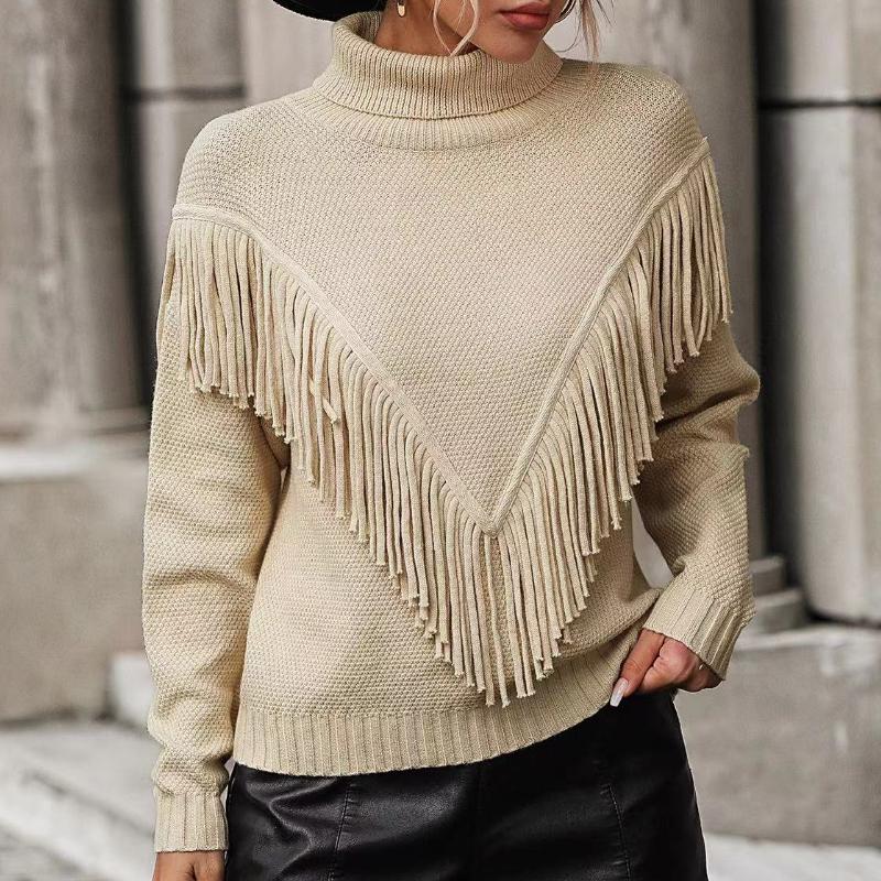 IHUASU Autumn and Winter Women's Loose Tassel Sweater Knit High Neck Sweater