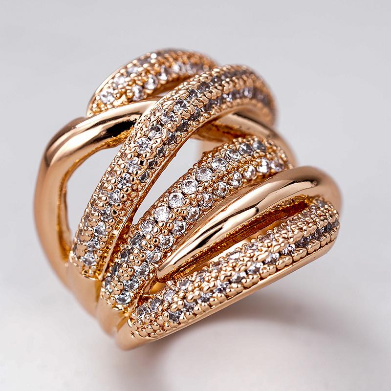 Huitan Brilliant Rose Gold Color Rings for Wedding Fashion Stylish Women Accessories Graceful Noble Multi-layer Party Jewelry