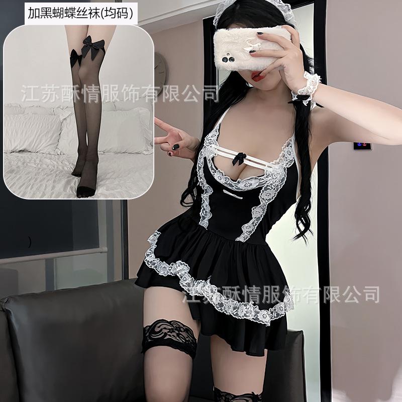 Sexy Lingerie Sexy Deep V Lace Slim Fit Puff Dress Maid Maid Uniform Seduction Uniform Set