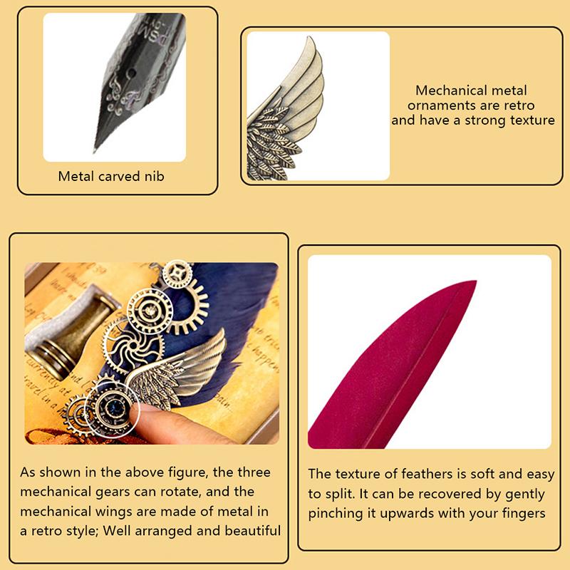 1Set Vintage Calligraphy Pen Antique Feather Dip Pen Ink Writting Pen Stationery