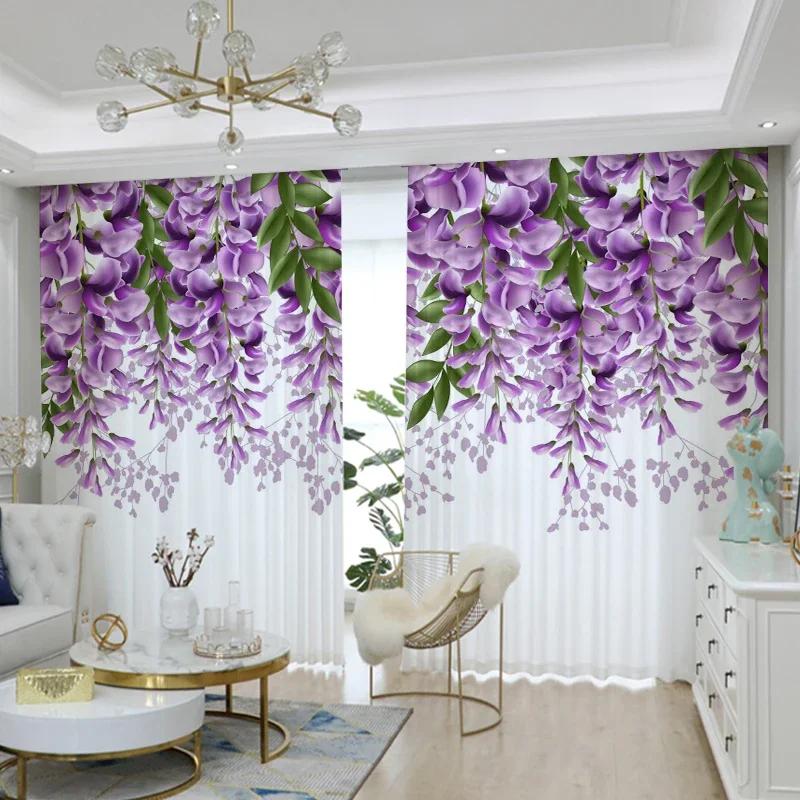 3D Rosa Blume Vorhang Grüne Pflanze Pastoral Dekor Transparenter Sichtschutzvorhang Wohnzimmer Schlafzimmer Bodenlanges Fenster Voile Vorhang
