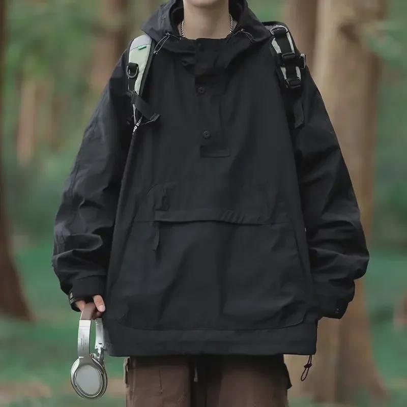 Men's Autumn Hooded Workwear Jacket with Zipper Pockets - Casual, Loose Fit Pullover Coat