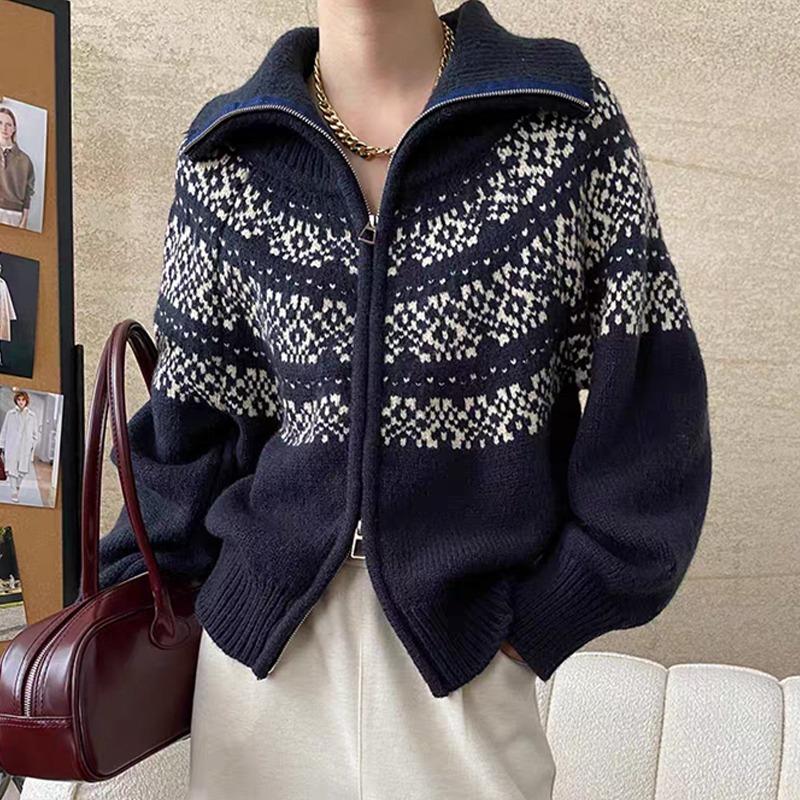 Korean Fashion Autumn Winter Zipper Cardigan Women Sweater Jacket Retro Printed Lapel Loose Knitted Coats Long Sleeve Office Fashion Elegant Clothing
