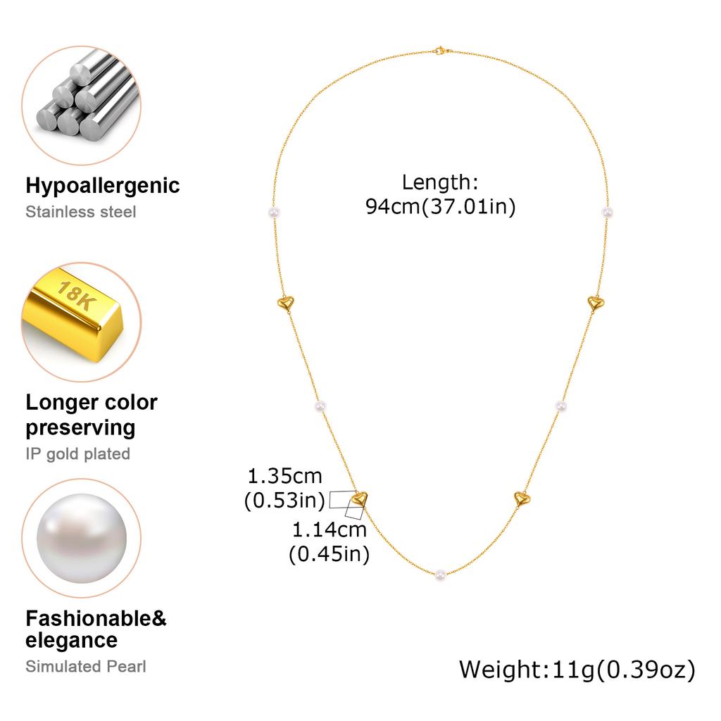 Stackable Stainless Steel Long Chain Necklace Imitation Pearl Heart Charm Sweater Chain, Fashion Aesthetic Jewelry for Women