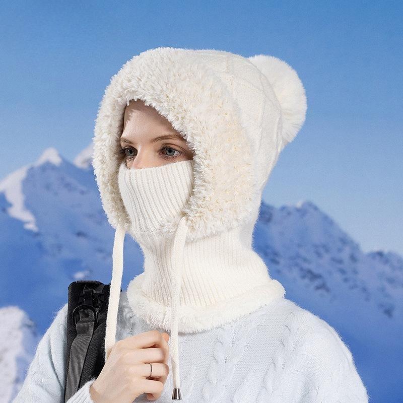 Winter Velvet Knitted Wool Hat Women's Ear Protection Hat Mask Scarf Integrated Thermal Pullover Hat