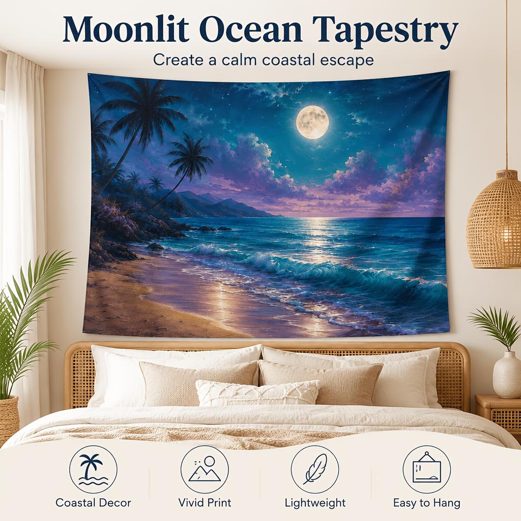 Large Tropical Beach Moon Tapestry Wall Hanging Coastal Ocean Sky Aesthetic Boho Decor Art Print Bedroom Living Room Decor