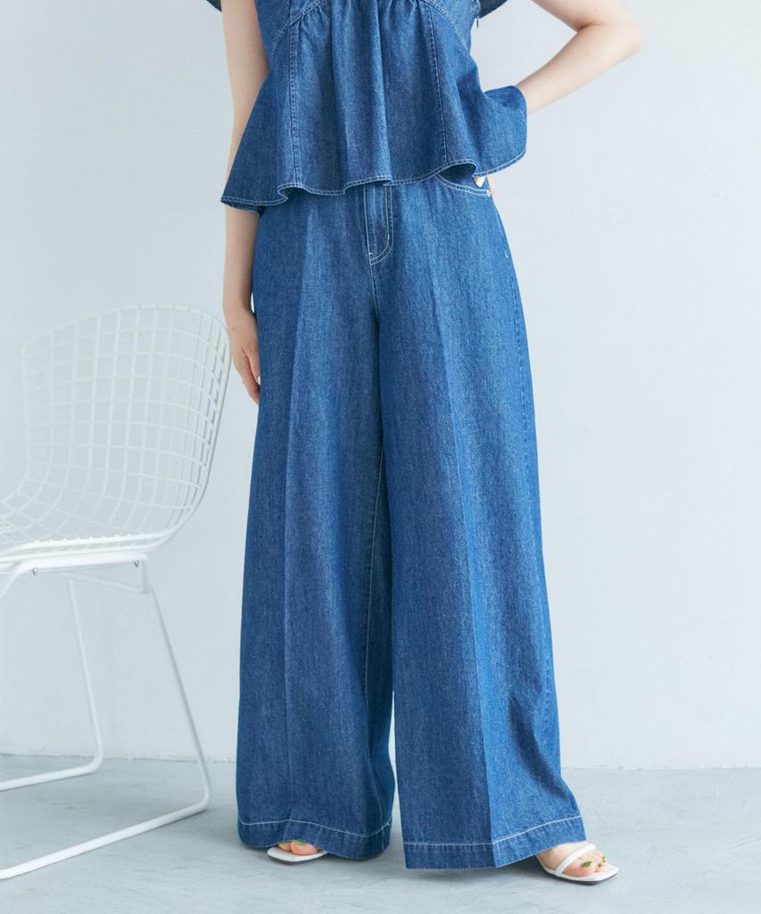 denim pants with center crease and navy size suitable for matching outfits [BIS] Wide-leg belt, washable, (43), M,