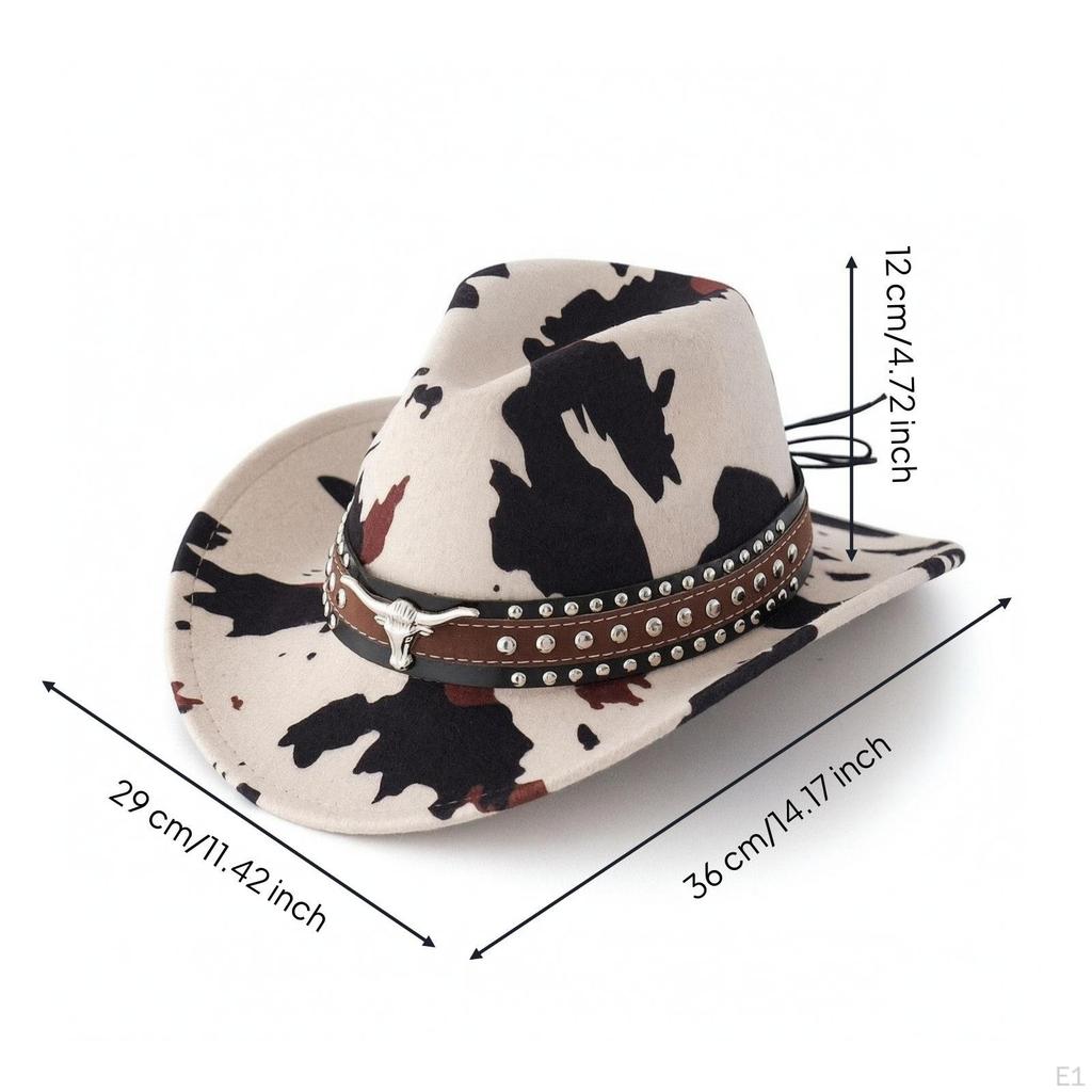 Cowboy Hat with Metal Rivets Bovine Pattern Wide Brim Headwear