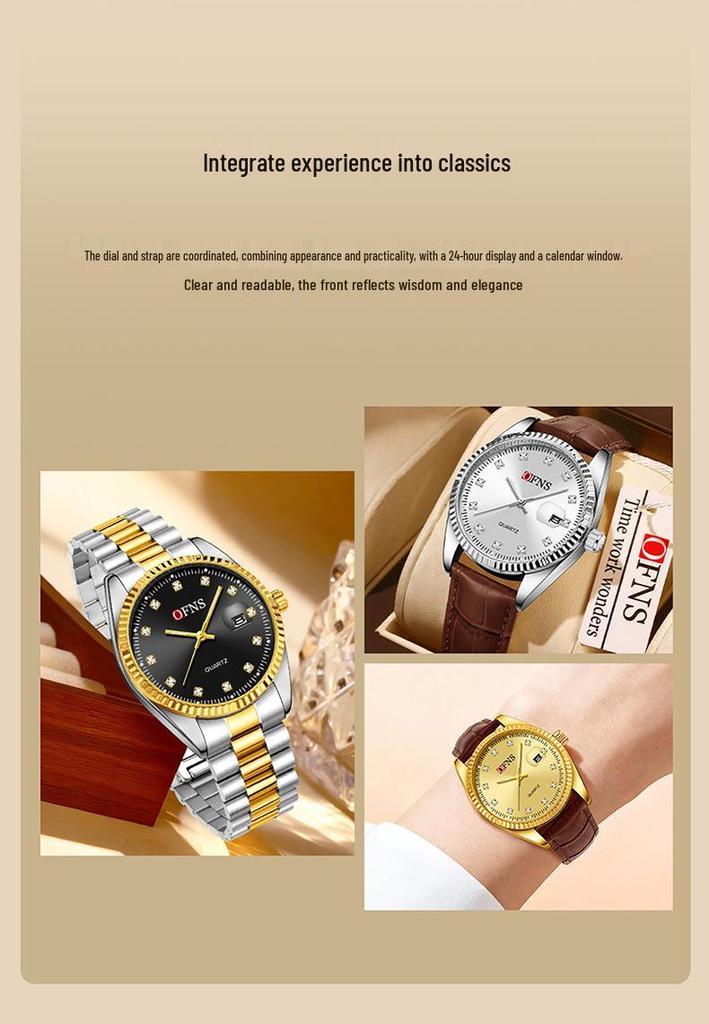 Oufanni Unisex Luminous Quartz Watch with Sunburst Dial and Waterproof Leather-Steel Band.