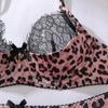 CINOON Damen Sexy Leopard Print Push-Up BH-Set Doppel-Schulterträger Spitze Einsätze Dessous-Outfit Mit Oberschenkelhohen Strümpfen
