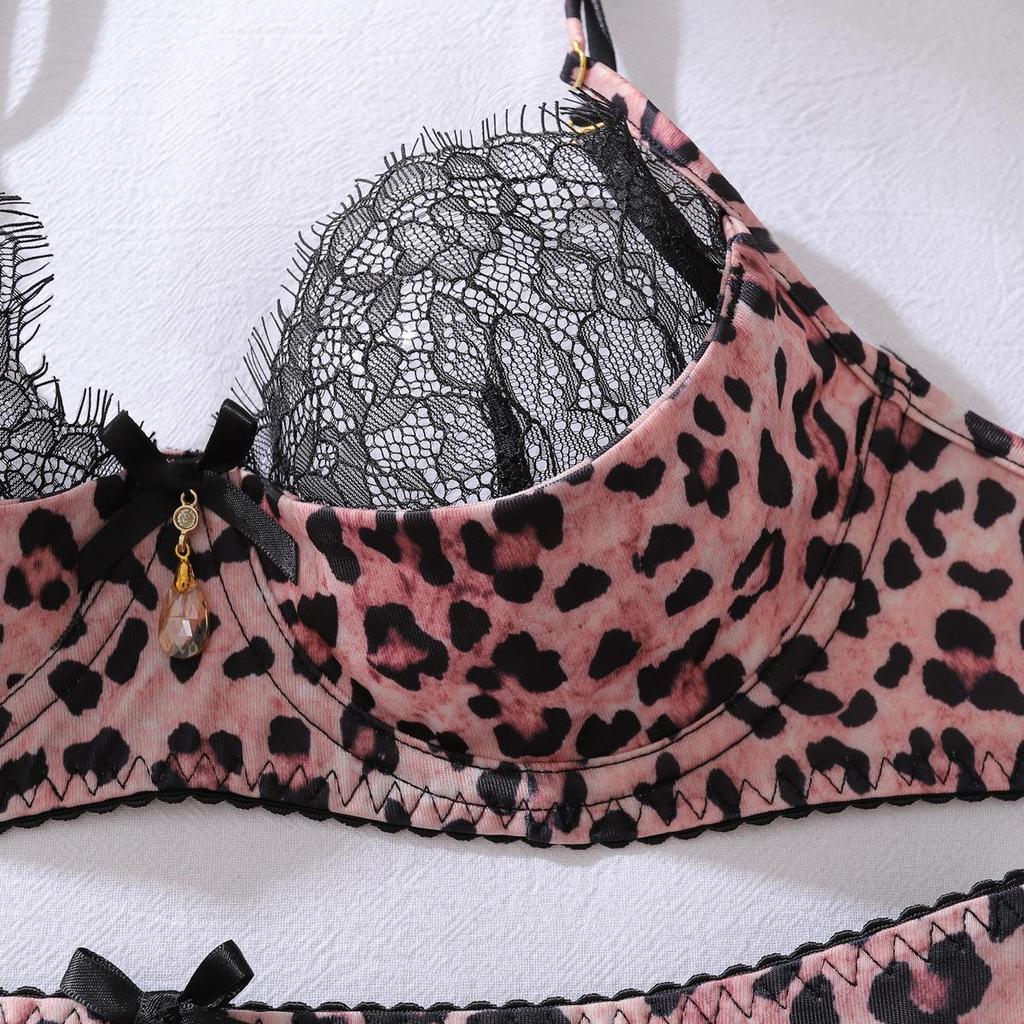 CINOON Damen Sexy Leopard Print Push-Up BH-Set Doppel-Schulterträger Spitze Einsätze Dessous-Outfit Mit Oberschenkelhohen Strümpfen