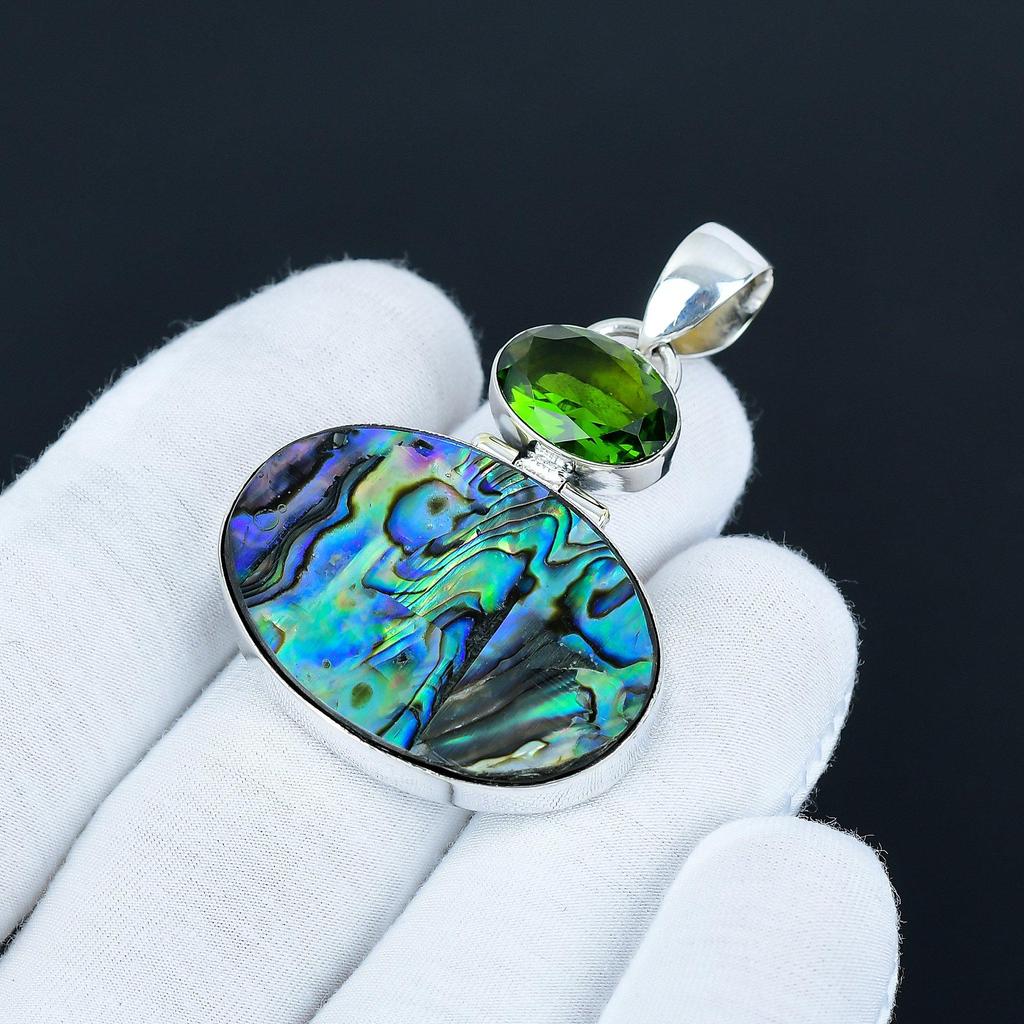 Natural Abalone Shell With Peridot Stone Pendant Necklace Pendants\Pendants For Her\Peridot Necklace Pendant\Antique Handmade Pendant