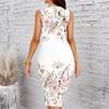 Women Plus Size Sleeveless Round Neck Midi Bodycon Dress Light Blue Vintage Floral Gradient Print Slim Fit Dress
