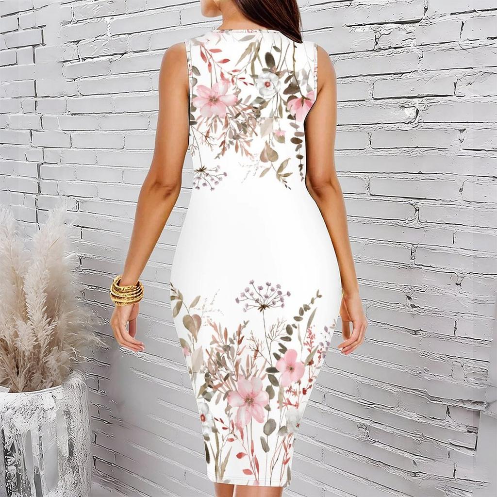 Women Plus Size Sleeveless Round Neck Midi Bodycon Dress Light Blue Vintage Floral Gradient Print Slim Fit Dress