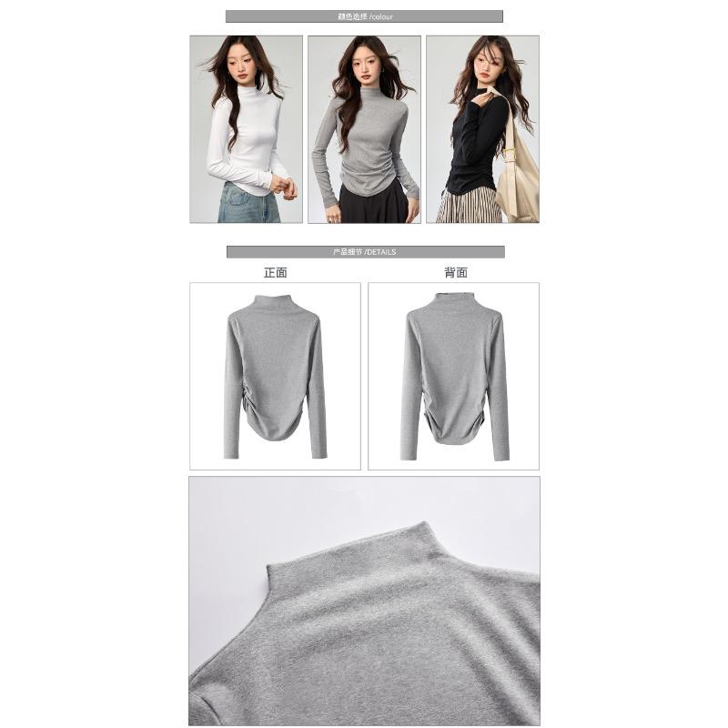 Women Combed Cotton Half Turtleneck Long Sleeve Waist Fitted Pleated Bottoming T Shirt