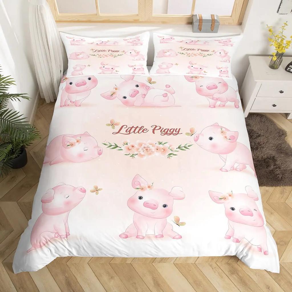 Cute Pig Duvet Cover Set For GirlsSunflowers Florals Comforter Cover Pink Grid Lattice Plaid Bedding Sets Quilt Cover Full Size