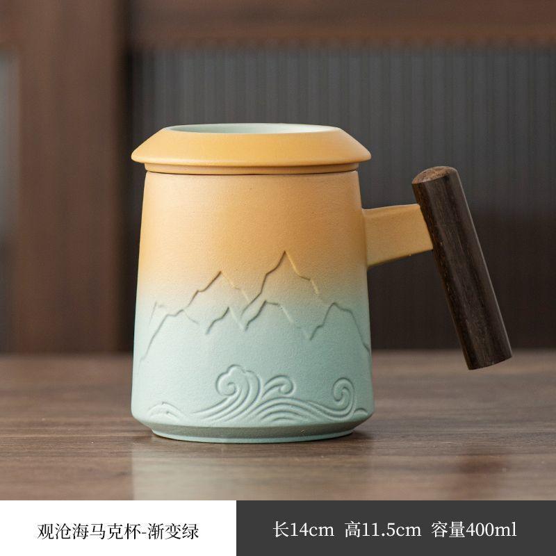 Handcrafted Ceramic Tea Mug with Infuser and Lid – 400ml Heat-Resistant Cup with Wooden Handle, Artistic Mountain Design