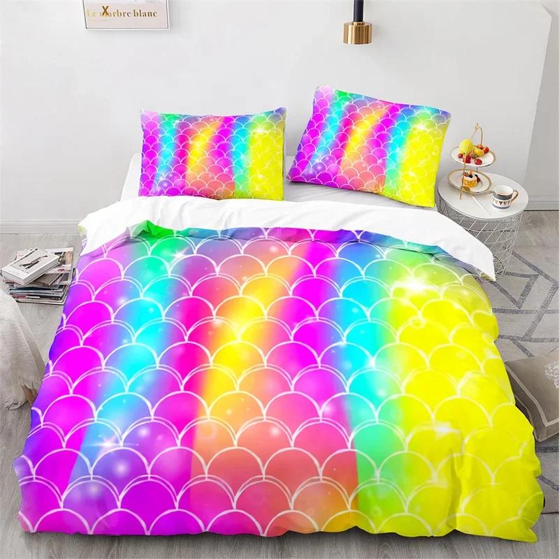 Colorful Fish Scales Bedding Set Twin King For Kids Girl Blue Pink Mermaid Skin Surface Print Duvet Cover Polyester Quilt Cover