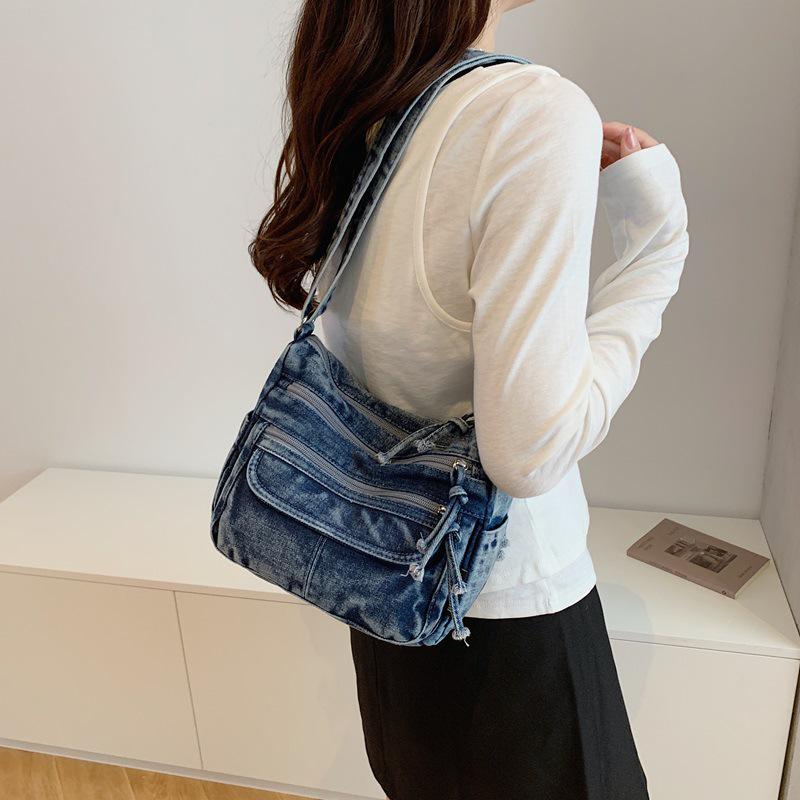 Retro Crossbody Washed Denim Multi-Zipper Small Commuter Bag