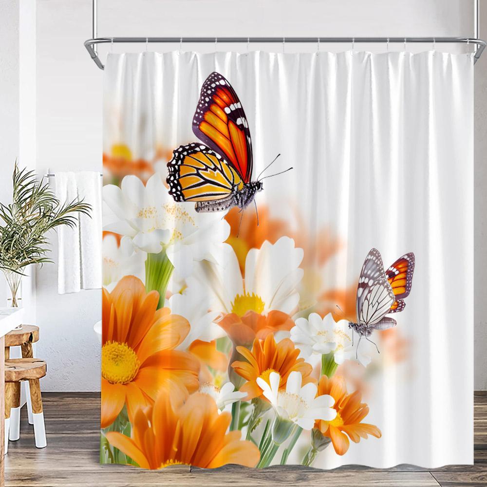 

Colorful Butterflies Floral Shower Curtain Flowers Plants Blooming Blossom Bathroom Decorations Polyester Bath Curtain with Hook 90x180cm-35x70in