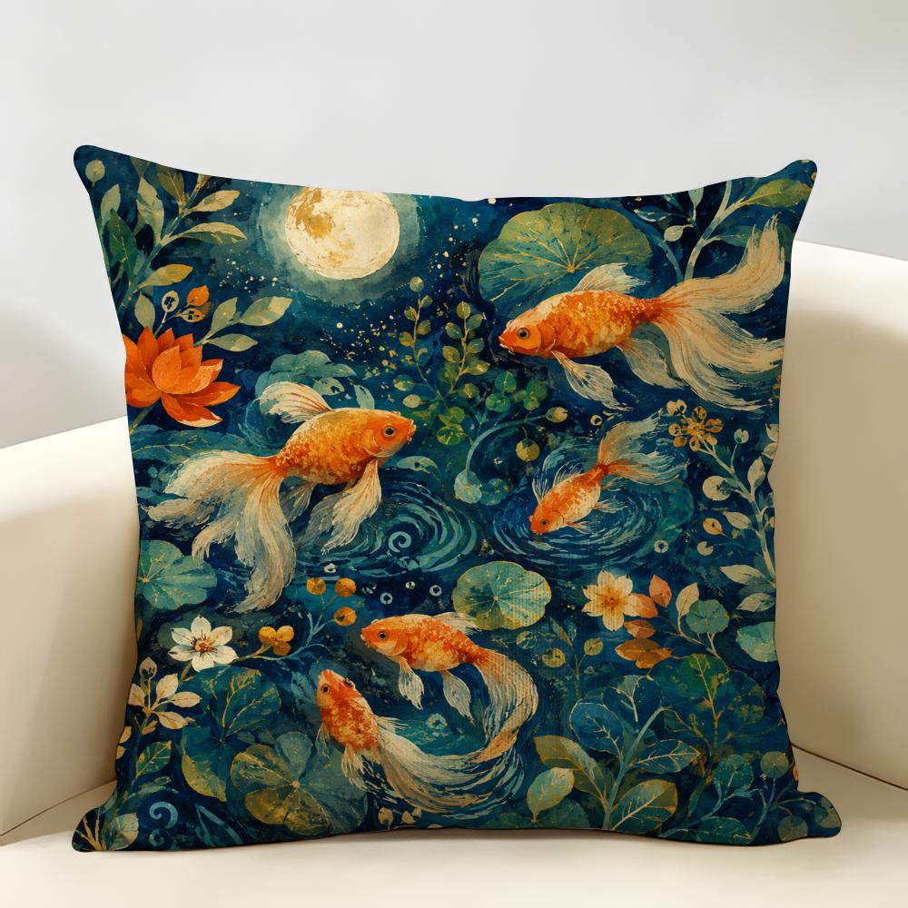 Boho Cat Goldfish Art Cushion Cover Natural Linen Organic Fabric Double-Sided Printing Breathable Perfect For Home Decor