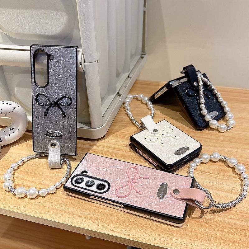 Folding Screen Flip Leather Phone Case for Samsung Zflip6 Portable Rope OPPOFindn3Flip Bow