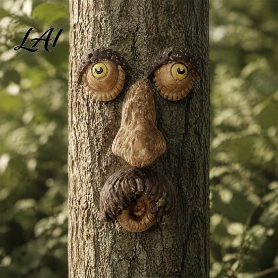 Whimsical Forest Tree Art Glow‑in‑the‑Dark Face Garden Decor Funny Old Man Bark Sculpture Resin Ornament Outdoor Halloween Easter Hugger Yard