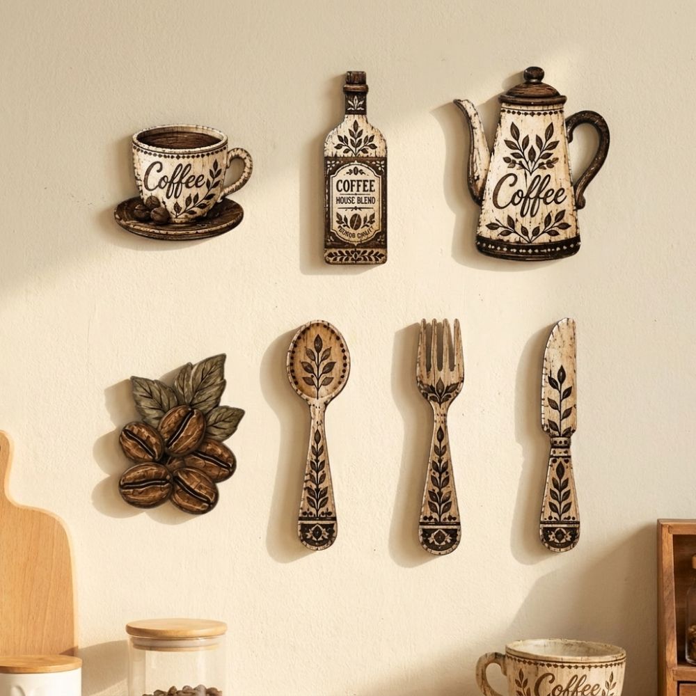 7Pcs Vintage Coffee Utensil Wooden Ornament Dining Room Wall Decor Set For Home Kitchen