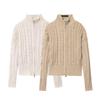 2025 Autumn Women's European & American High-End Cable Knit Stand Collar Cardigan with Zipper
